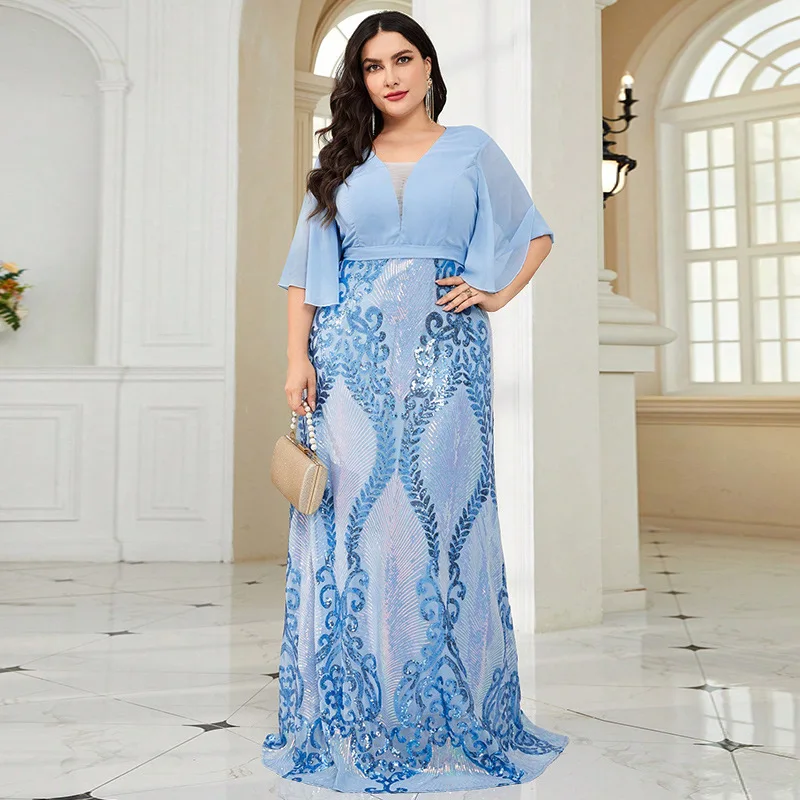 

Шифоновое платье большого размера с V-образным вырезом и блестками, элегантное классическое платье для горничной, юбка трапециевидной формы, длинное платье с пятью точками