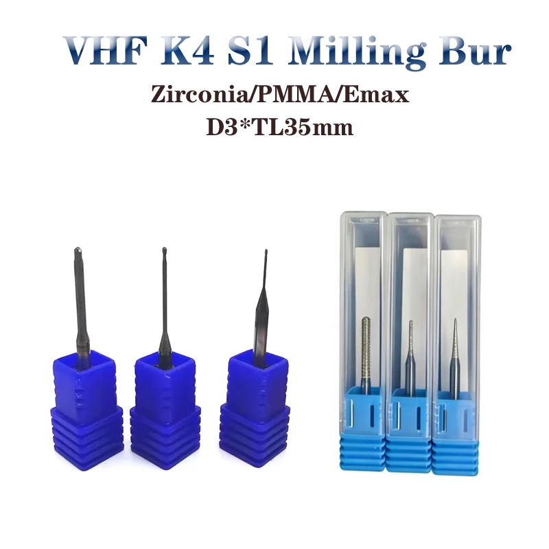 VHF K4 S1 Zirconia DC,DLC Coati Emax Glass Ceramic PMMA NC Milling Cutter Dental Lab  CADCAM Milling Bur Shank 3mm Length 35mm