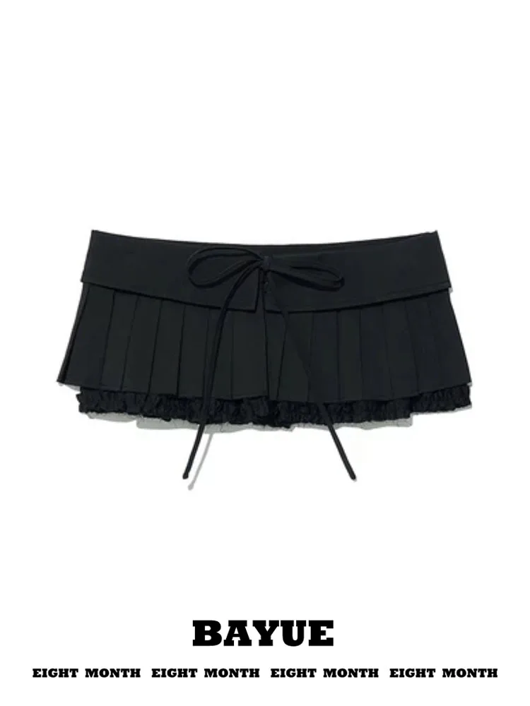 Black Lace Trim Splice  Pleated Skirt High Waist Korean Style Girls' Standard Fit Daily Wear Other Material Blend Skirt