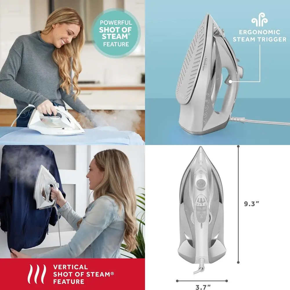 

Паровой утюг мощностью 1700 Вт с керамической антипригарной пластиной, вертикальный/горизонтальный пар, быстрый нагрев, автоматическое отключение через 3 минуты, белый и хромированный, 9,3 л x 3,7 шт.