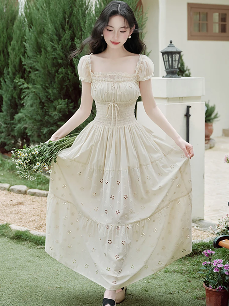 Summer White Cotton Embroidery Floral Long Dress Women Puff Sleeve Lace Square Collar Dress 2026 Korean Vintage Luxury Vestidos