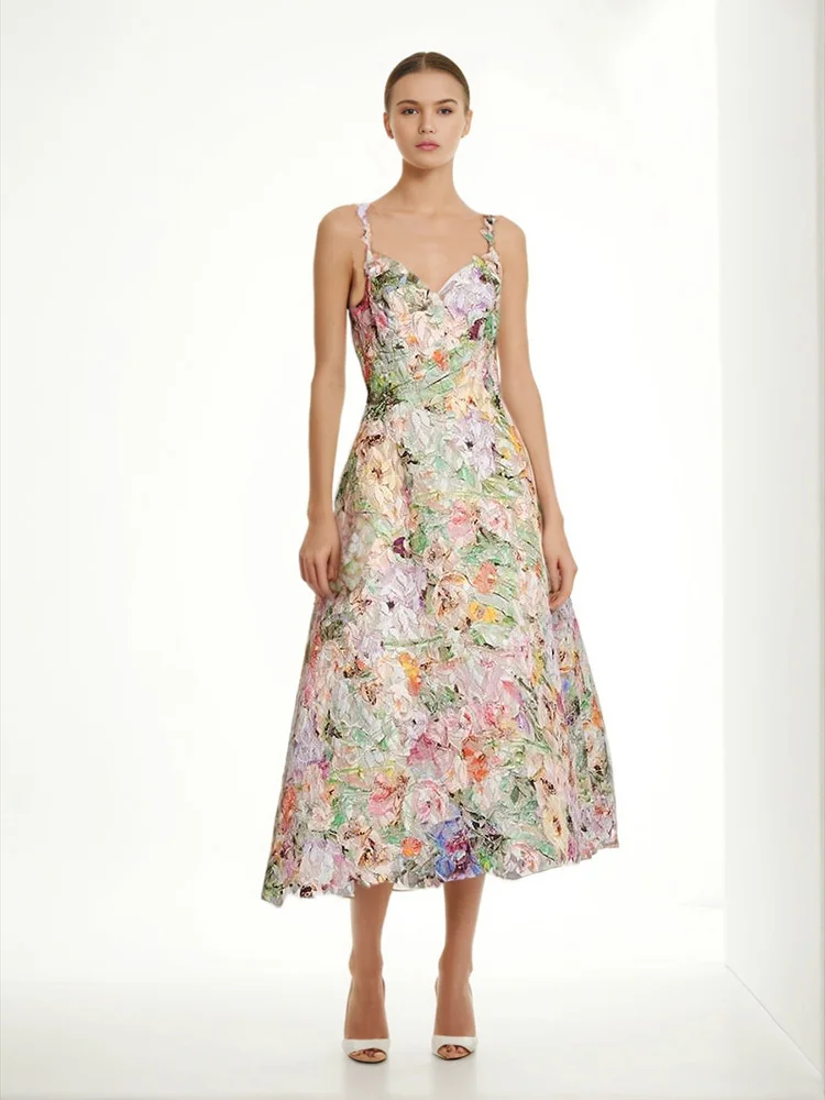 

European and American style sexy long dress women summer new product lace suspender embroidered flower high waisted dress