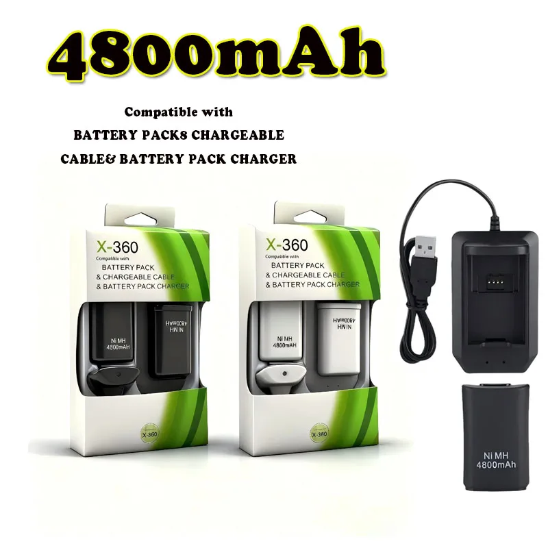 

Аккумуляторная батарея 2 шт. 4800 мАч с 1 зарядным кабелем + зарядная док-станция для Xbox 360, беспроводной геймпад, контроллер, аккумулятор