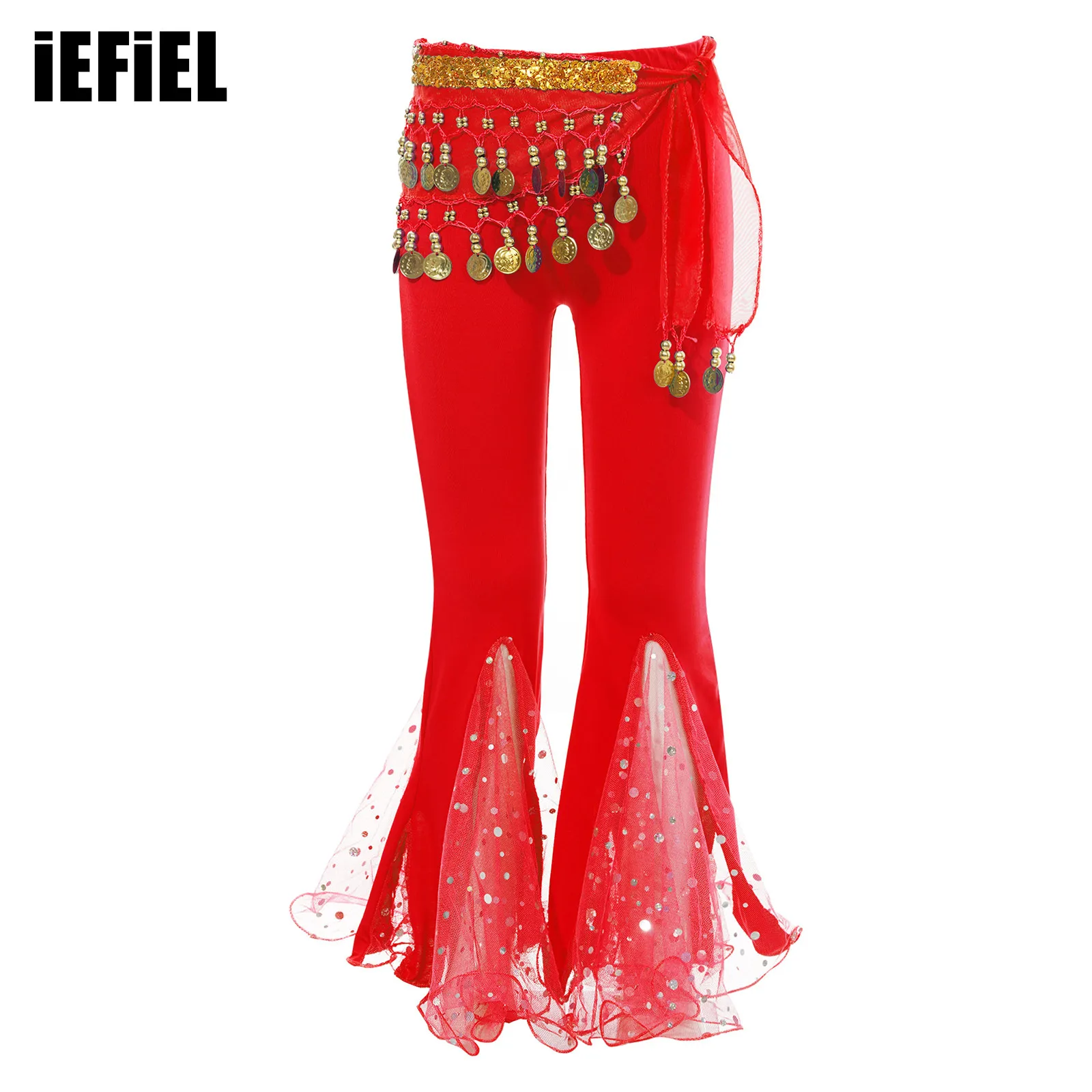 

Kids Girls Belly Dance Pants Performance Outfit Sequined Dots Flared with Beads Coins Tassels Waist Chain Hip Scarf