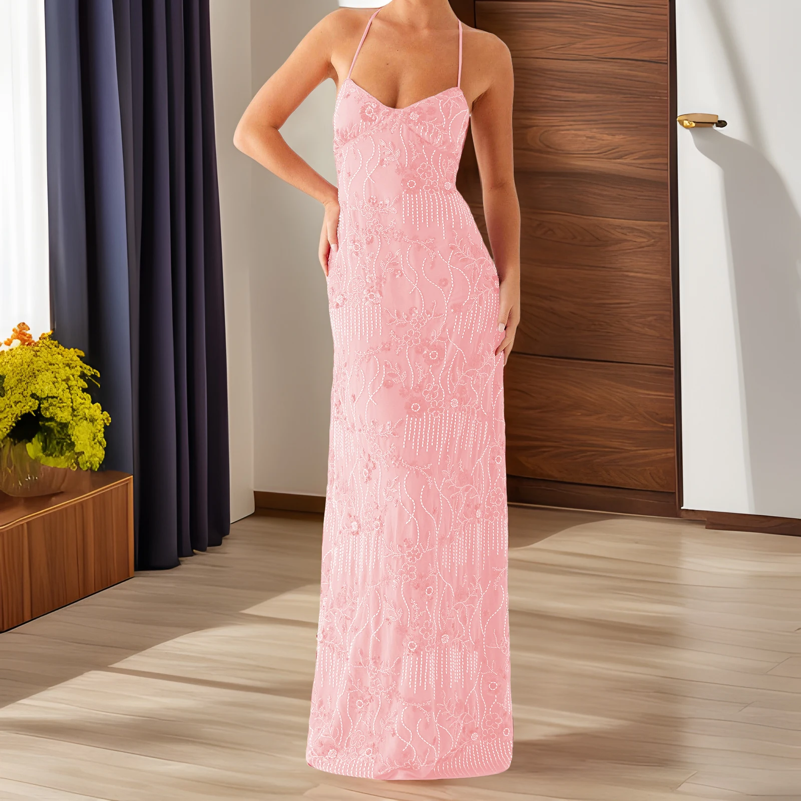 ใหม่แฟชั่นผู้หญิงชุดยาวดอกไม้เย็บปักถักร้อยแขนกุด Cami ฤดูร้อน CROSS Backless สปาเก็ตตี้ชุด S M L