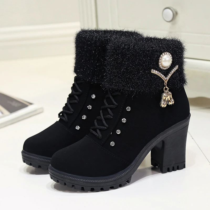 Women Designer High Heels Shoes 2024 Winter New Warm Non-slip Block Cow Suede Warm Snow Boots Fashion Crystal Plush Goth Botas