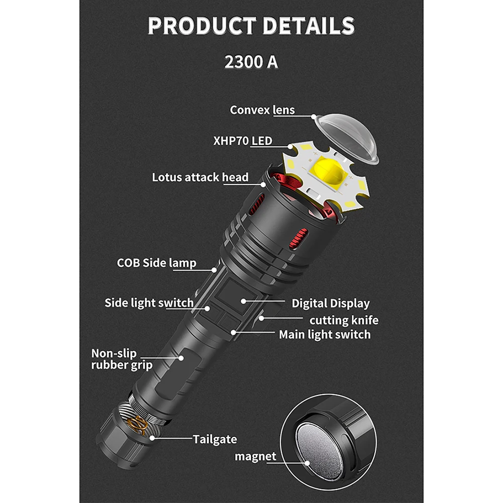 New Rechargeable Flashlight XHP70 30W Strong Light IPX4 Waterproof Torch With Magnet For Outdoor Camping Fishing Hiking