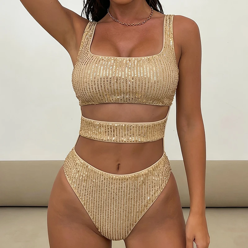 

Блестящий купальник-монокини с пайетками и вырезами, женский, с высоким вырезом на ногах