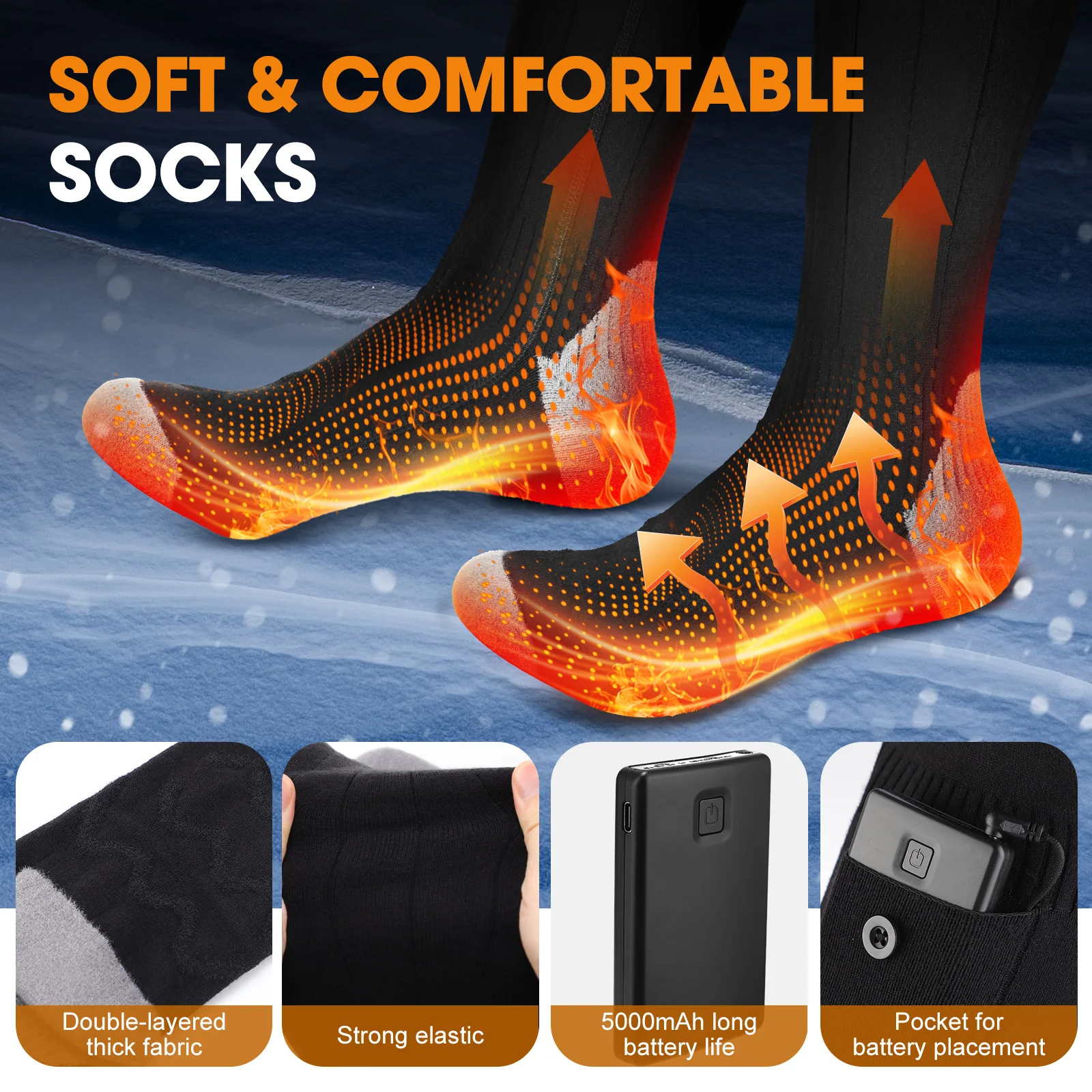 APP Controlled Heated Socks Wireless Heat Unisex Black Pair Rechargeable Adjustable Temperature Smart for Outdoor Camping