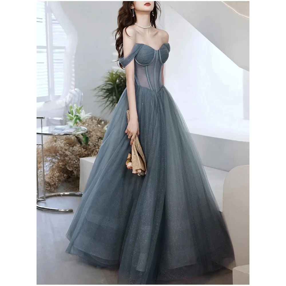 

Customized Translucent Evening Dress Woman Party Dresses 2025 Sequin A-shaped Gray-blue Back-length Women's Prom Dress Gala