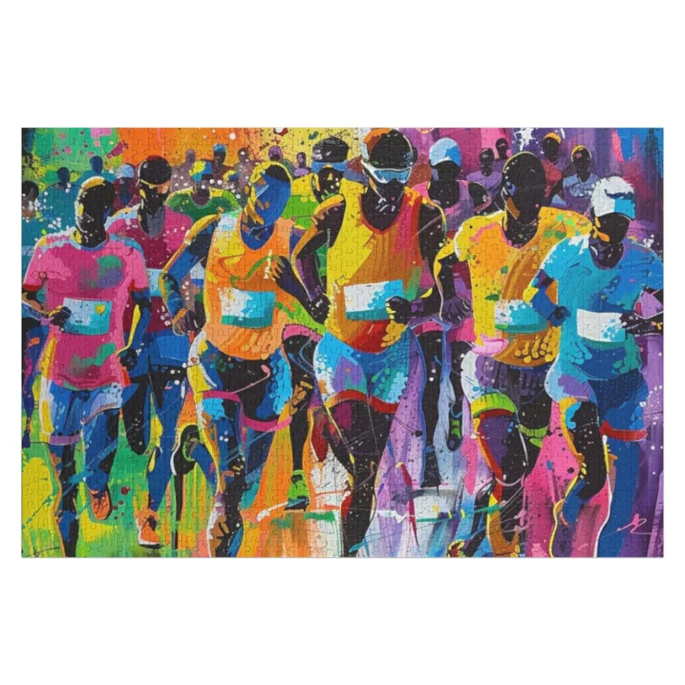 

Abstract depiction marathon runners racing vivid colours Active Outdoors Inspired Art Jigsaw Puzzle Adult Wooden Puzzle