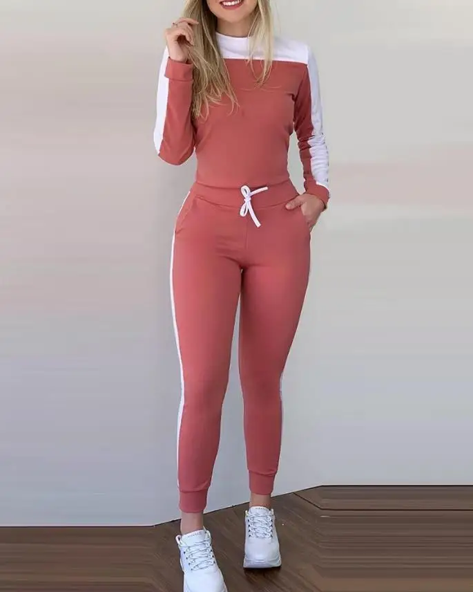 Casual Two Piece Sets Womens Outifits OTTD Colorblock Long Sleeve Round Neck Top & Sporty Skinny Drawstring Pants Set Autumn