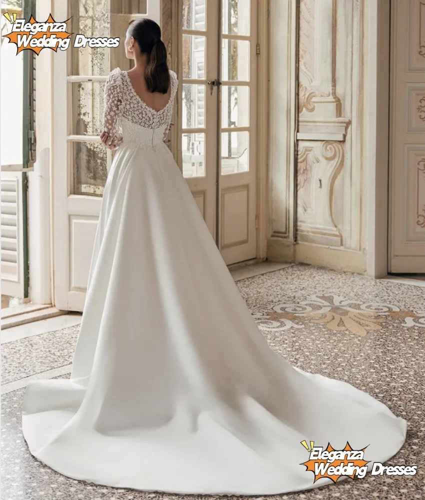 فساتين زفاف نسائية أنيقة مخصصة بأكمام طويلة من الدانتيل الحد الأدنى من الساتان على شكل حرف a زي العرائس طول التطهير Vestidos De Noiva