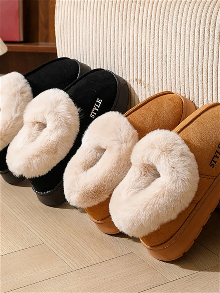 Msfilia Winter Large Size Thick Bottom Indoor Suede Slippers Casual Velvet Fur Cotton Shoes Women Anti Slip Slippers