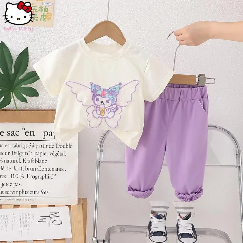 

Kuromi Sanrio New Girls Fashion Cartoon Cute T-Shirt Set Hello Kitty Children's Anime Skin-Friendly All-Match Short Sleeve Pants