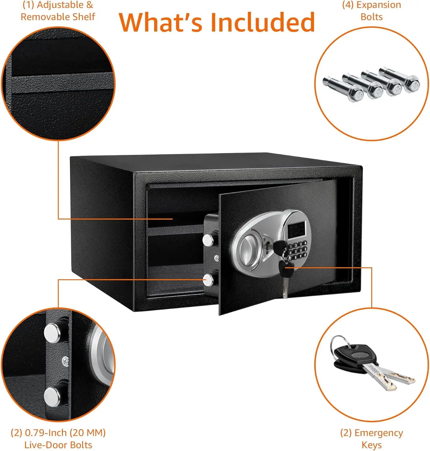 Cofre e caixa de segurança de aço com teclado eletrônico programável, para objetos de valor, dinheiro, joias, documentos, preto, 1 fo cúbico