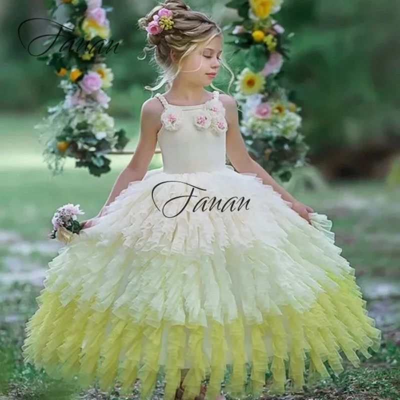 Customized Elegant Light Green Tulle Flower Girl Dresses Sweep Train A-Line 3D  Kid Communion Dress Princess Lace Birthday Party