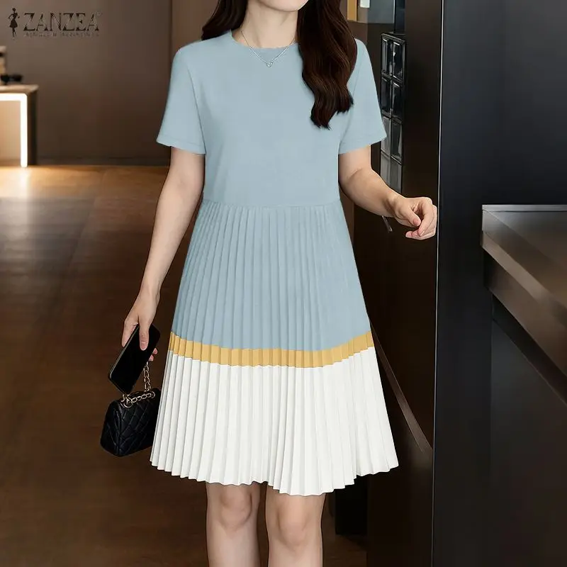 Frauen 2026 Sommerkleid ZANZEA Elegante Plissee Kleider Stilvolle Spleißen Party Sommerkleid Casual Kurzarm Arbeit Knielange Robe