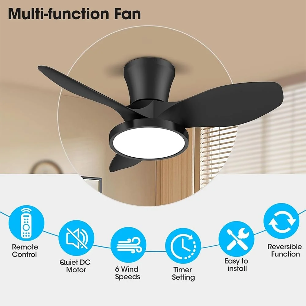 Quiet Ceiling Fan with LED Light Remote Control 32 Inch DC Motor Timed Settings Reversible Airflow Kitchen Bedroom Living Room