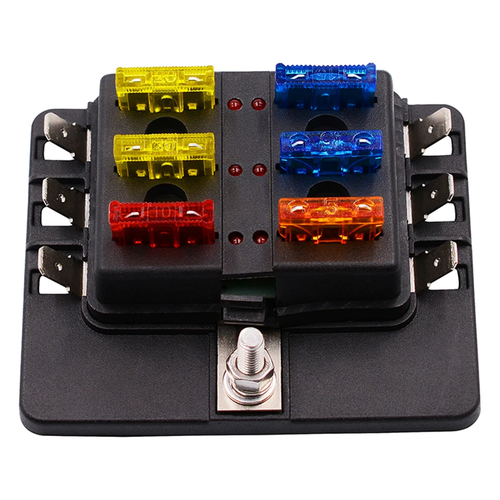 

6 Way Box Base 12-30V Anti-Flame Terminal Block 1 Input 6 Output Red Led Indicator Screw Wiring Car Fuse Holder Rv Car