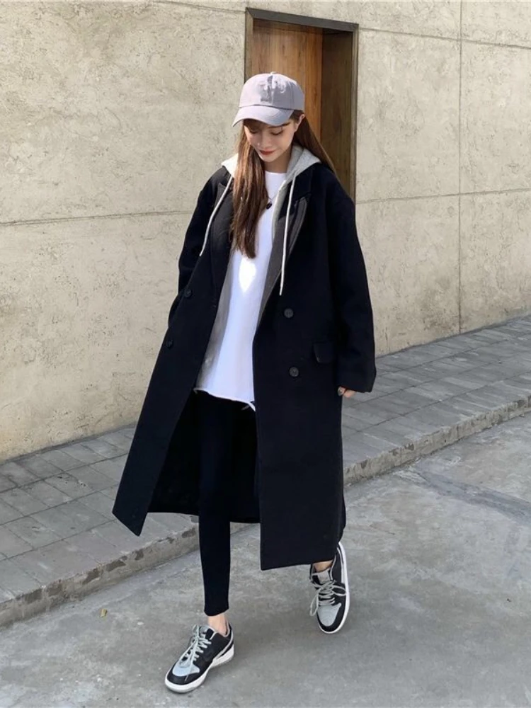 Hooded Fake Two Pieces Blends Women Winter Females Loose All-match Thick Warm Long Style Outerwear Fashion Korean College Casual