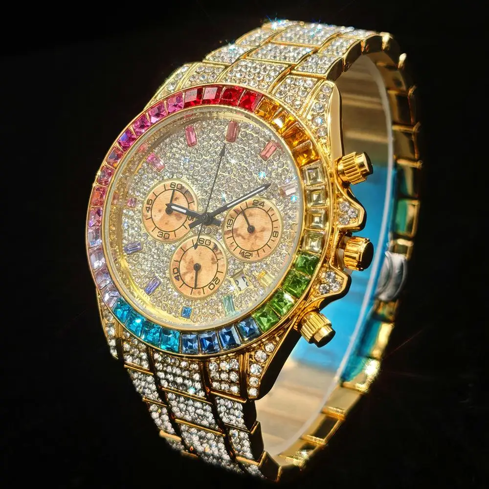 Hot Sell Fashion Gold Watch For Men Brand UNIGUET Hip Hop Rainbow Diamond shiny Jewelry Quartz Wristwatch Male Dropshipping - Image 5