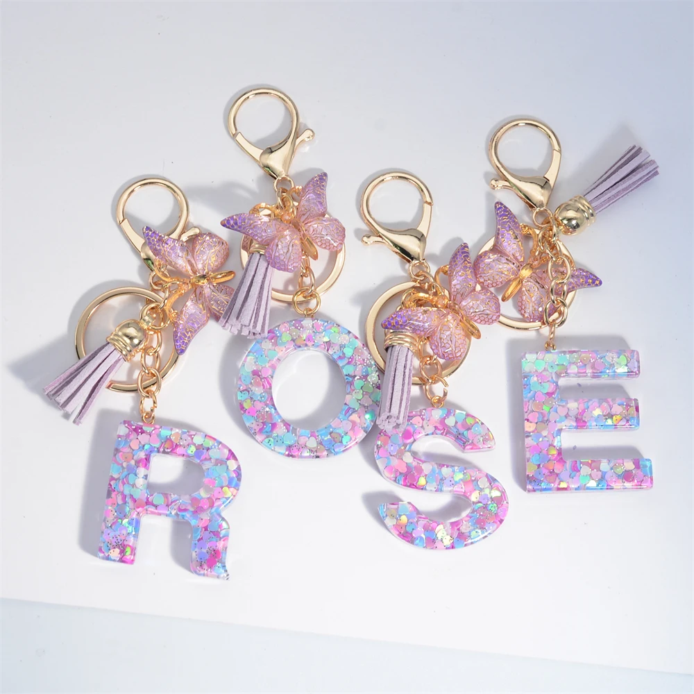 A-Z Dreamy Sequin Letters Keychain for Women Tassel Butterfly Pendant Initial Keyring Purse Suspension Bags Charms Car Key Chain