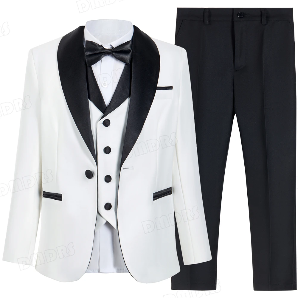 24H Ship White Formal Kids Suit Set, 4 Pieces Suits For Boys From 3-14 Years, Wedding Tuxedo For Kids Ring Bear