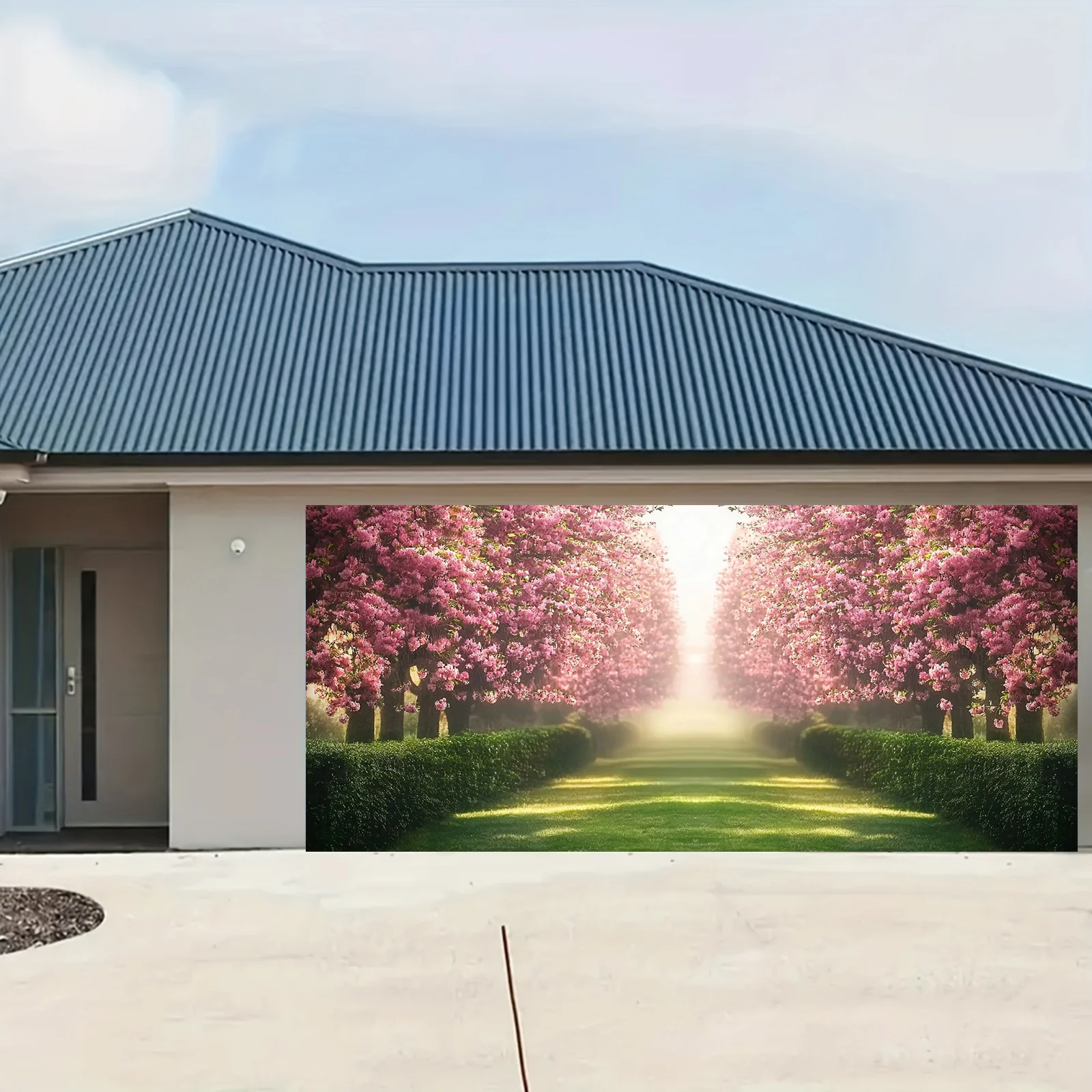 لافتة باب ثنائية الأبعاد، لافتة باب جراج كبيرة على شكل زهر الكرز - أشجار وردية وزخرفة مسار بيضاء #2