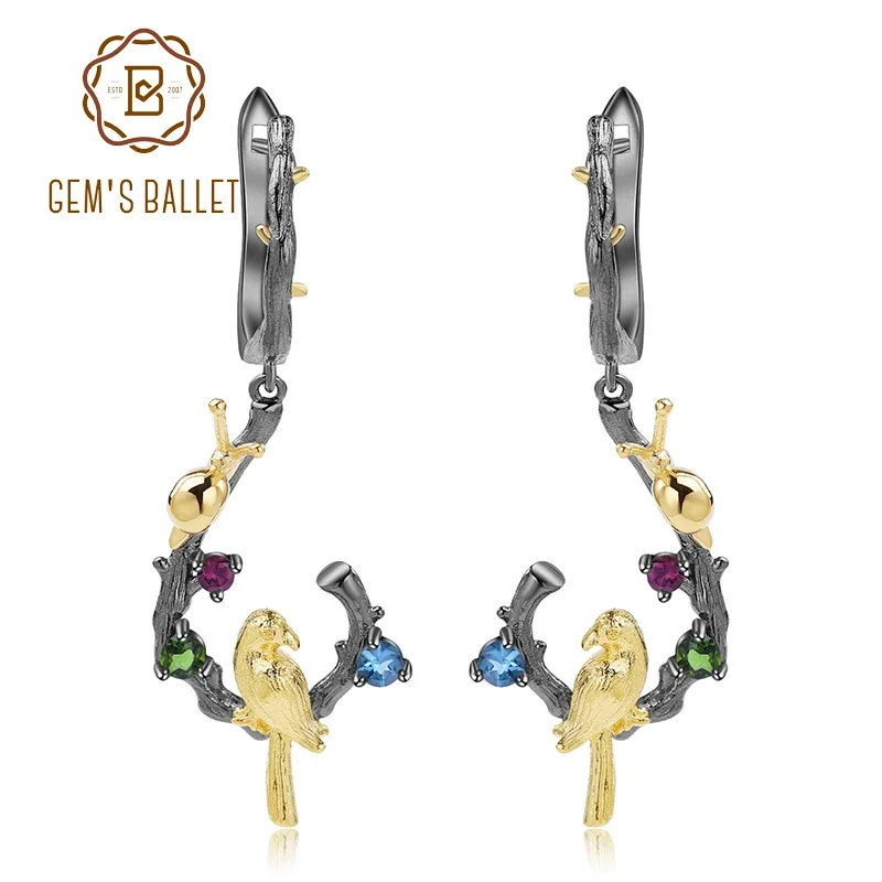 GEM'S BALLET Natural Swiss Blue Topaz Garnet 925 Sterling Silver Handmade Snails & Bird on the Branch Drop Earrings for Women