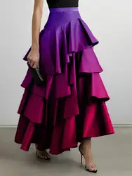 Female Skirt Spring and Summer Fashion High Waisted Half Dress Gradient Purple Layers Ruffled Skirts for Women Ladies Party Wear
