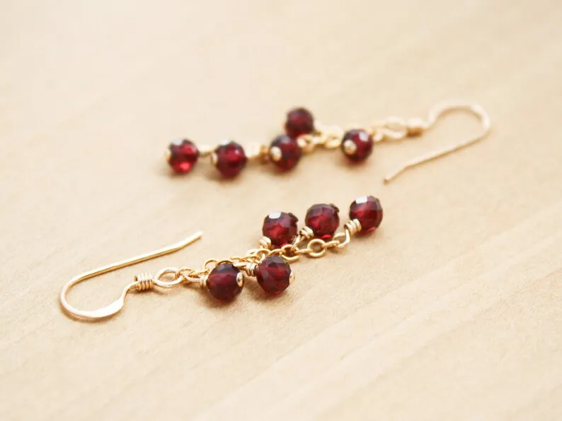 Garnet Cluster Earrings . Garnet Earrings Gold . Garnet Dangle Earrings in