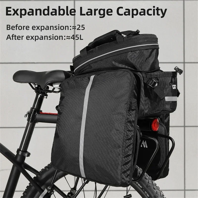 WEST BIKING 25-45L Bicycle Trunk Bag Foldable Double Side Bike Rear Bag Cycling Travel 3 In 1 Rear Seat Rack Hardshell Bag