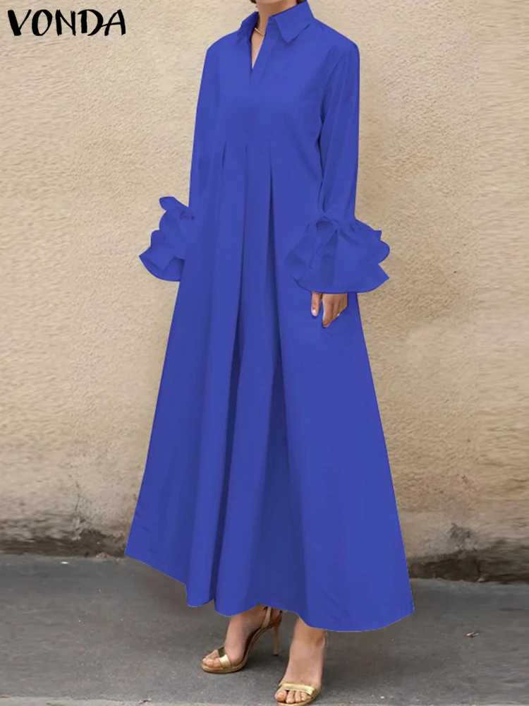 2025 Women Elegant Solid Color Maxi Long Dress Ruffle Pleated Dress VONDA Casual Loose Sundress Lapel Collar Long Sleeve Robe