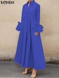 2025 Women Elegant Solid Color Maxi Long Dress Ruffle Pleated Dress VONDA Casual Loose Sundress Lapel Collar Long Sleeve Robe