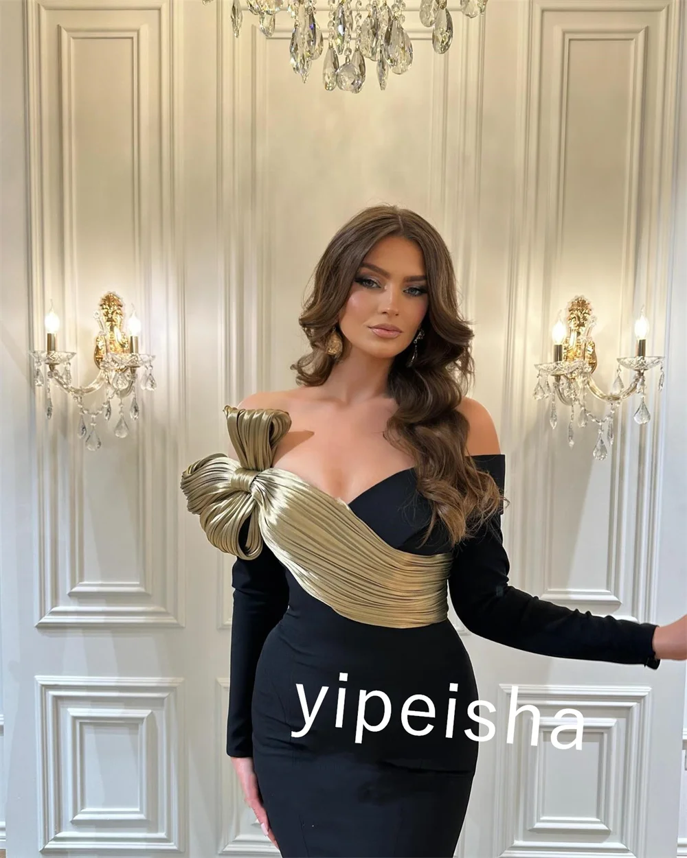 Customized Satin Pleat Cocktail Party Trumpet Off-the-shoulder Bespoke Occasion Gown Long Dresses