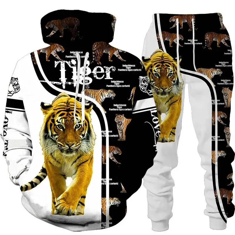 New Men's animal ferocious tiger Sweatshirt 3D Printed Men Sportswear pants Two-piece set Autumn fashion Men clothing set