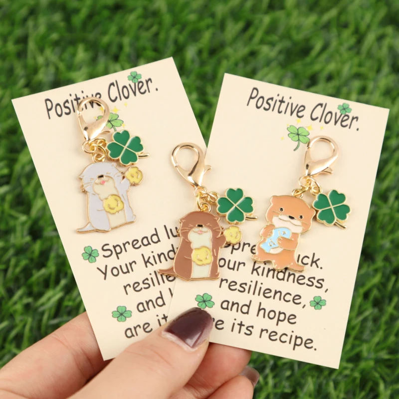 3pcs Cute Animal Series Otter with Four-Leaf Clover Keychain Set Belt“Positive four-leaf clover”Card Can write blessing messages