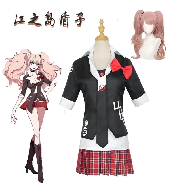 

Danganronpa Enoshima Junko Anime Cosplay Costume Short Skirt Cafe Work Clothes Monokuma Headwear Double Ponytail Wig Set