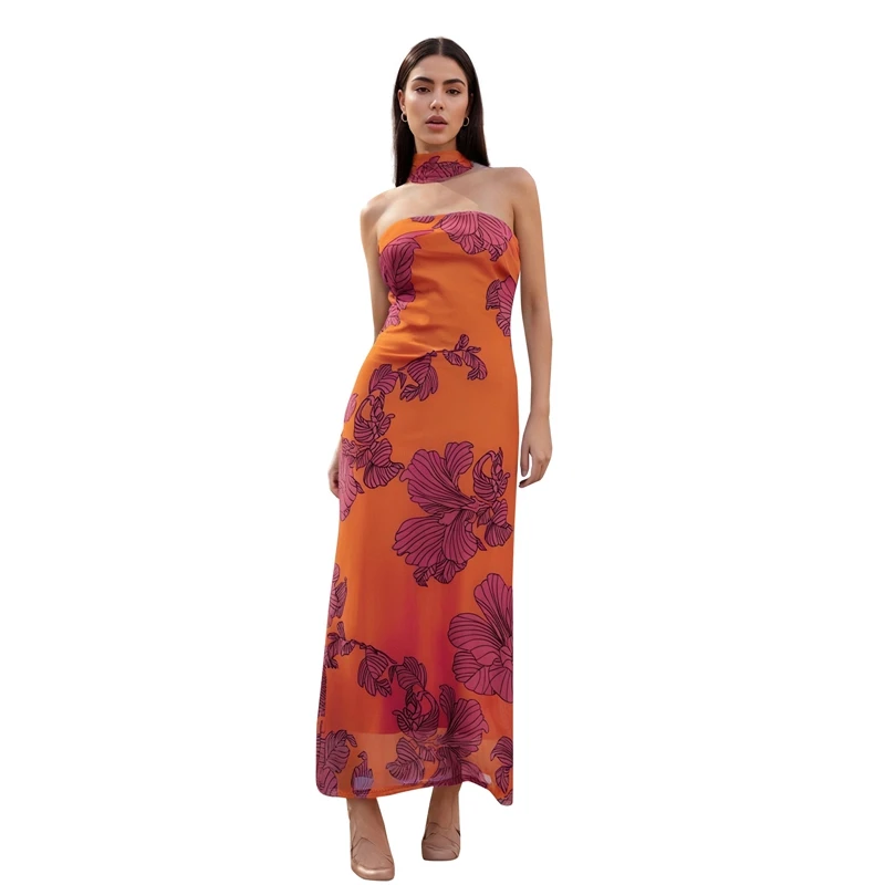Combhasaki Vestido largo de tubo con estampado floral estético vintage Y2K para mujer, vestido veraniego sin tirantes con espalda descubierta y bufanda con gargantilla