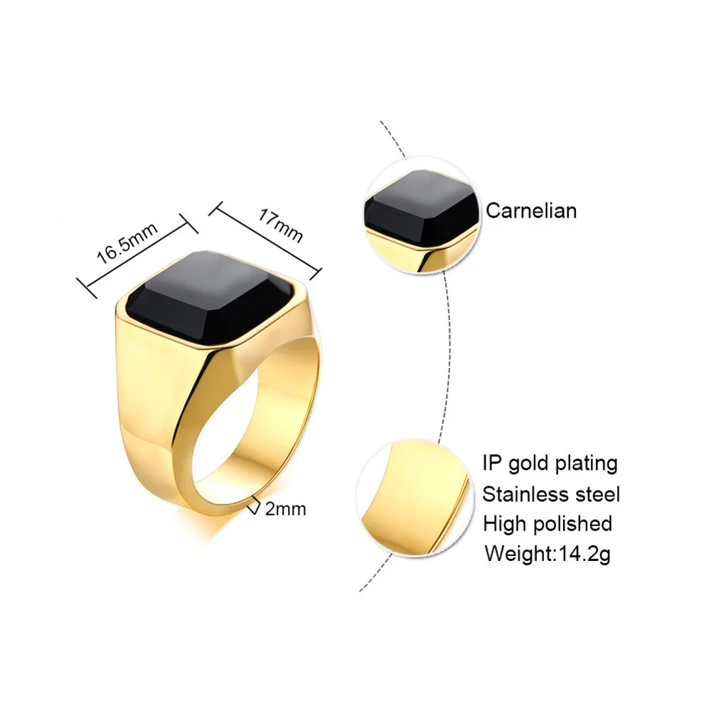 Punk vergulde ringen voor mannen, zwarte geometrische vierkante steen zegelring, mannelijke dikke duimring