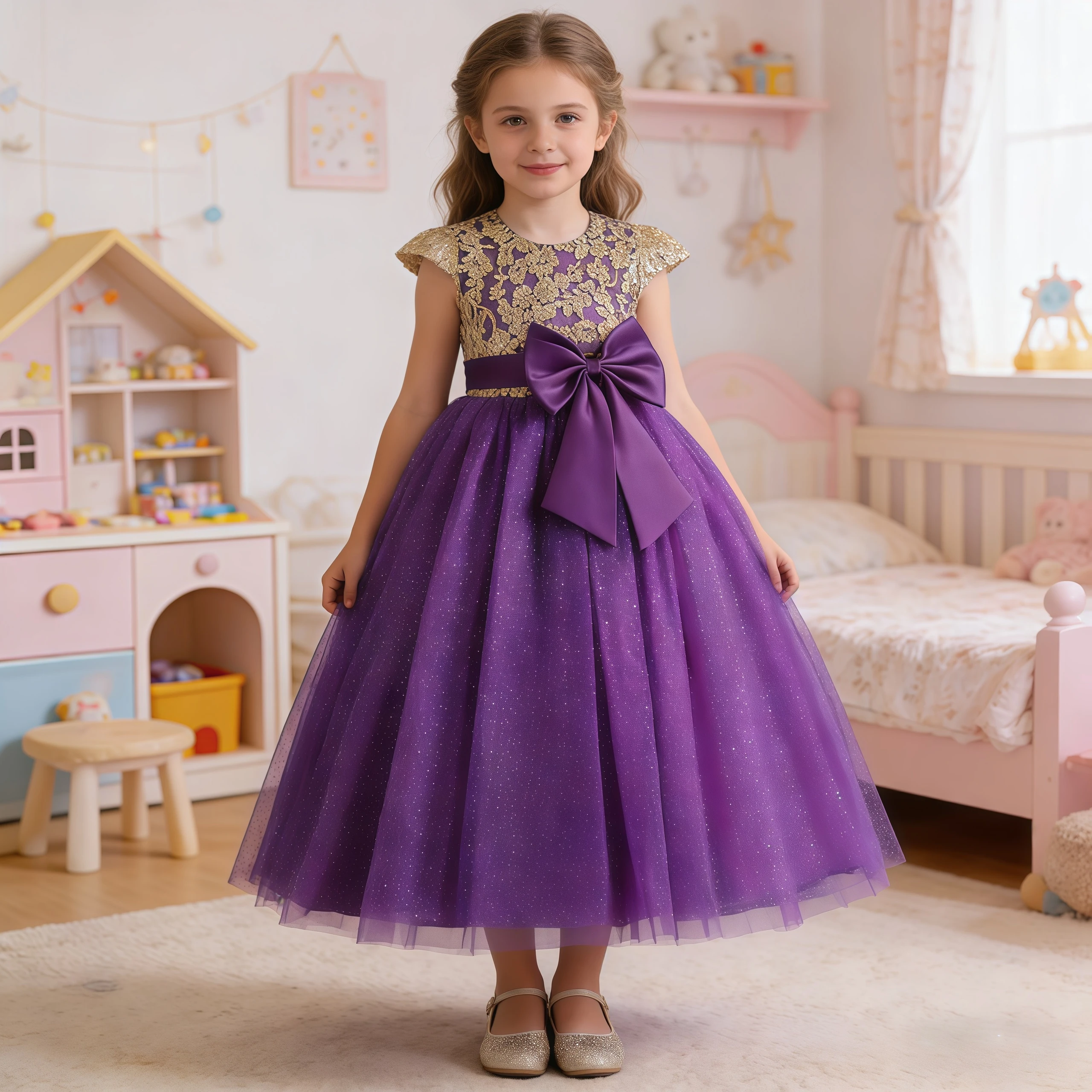 

Elegant Girls Lace Big Bow Sparkling Mesh Princess Dress For Children Wedding Pageant Birthday Party Formal Evening Vestidos