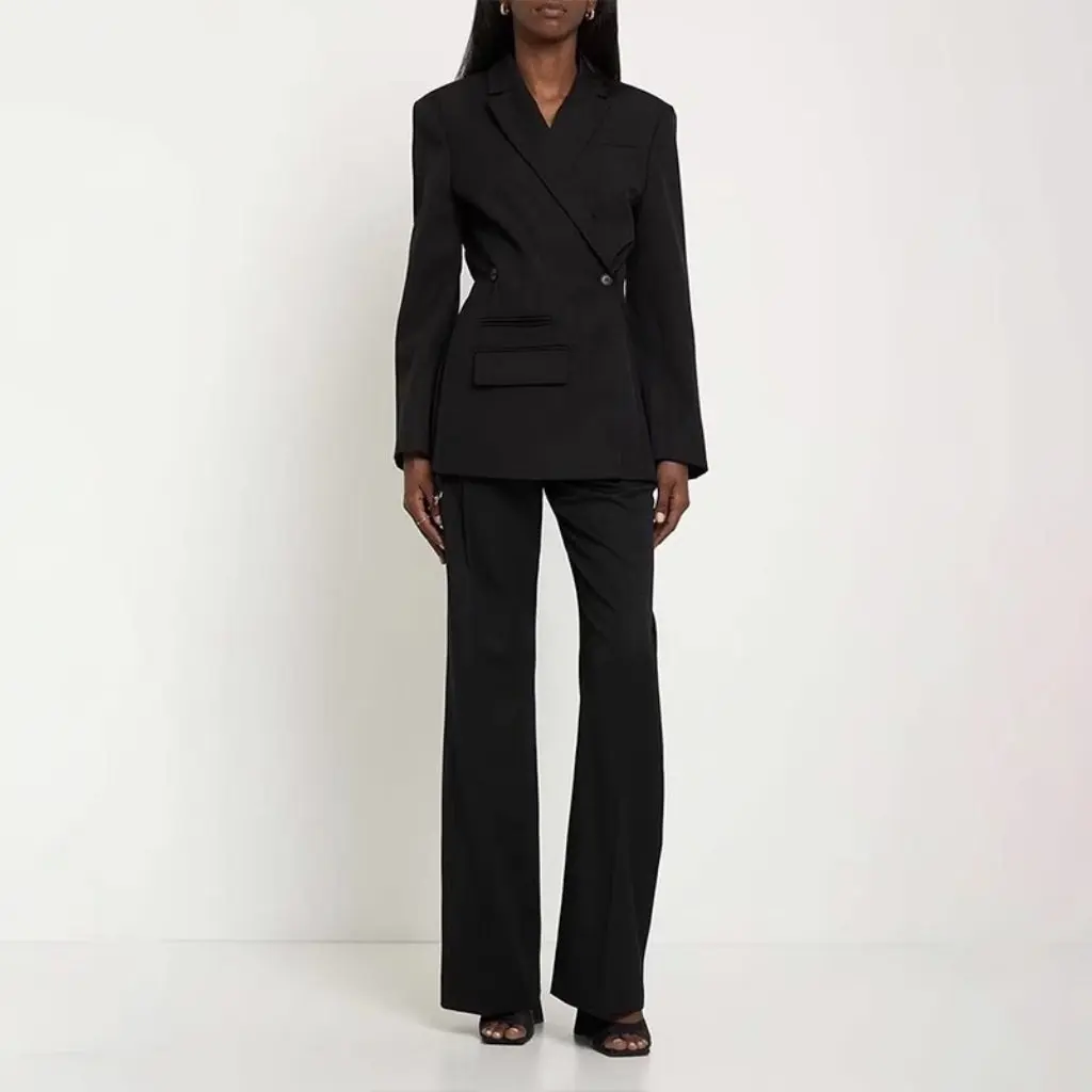

Women's Black Niche Suit Casual Jacket Double-Breasted Shoulder Pad Wool Blend for Spring And Fall Oblique Placket