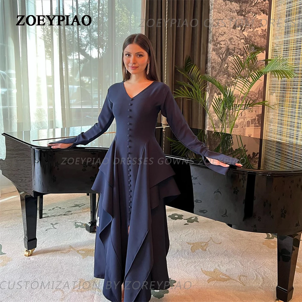 

Arabic Vintage Navy Blue Arabic Women Formal Evening Dresses Long Sleeves V Neck Buttons Split Simple Occasion Party Gowns