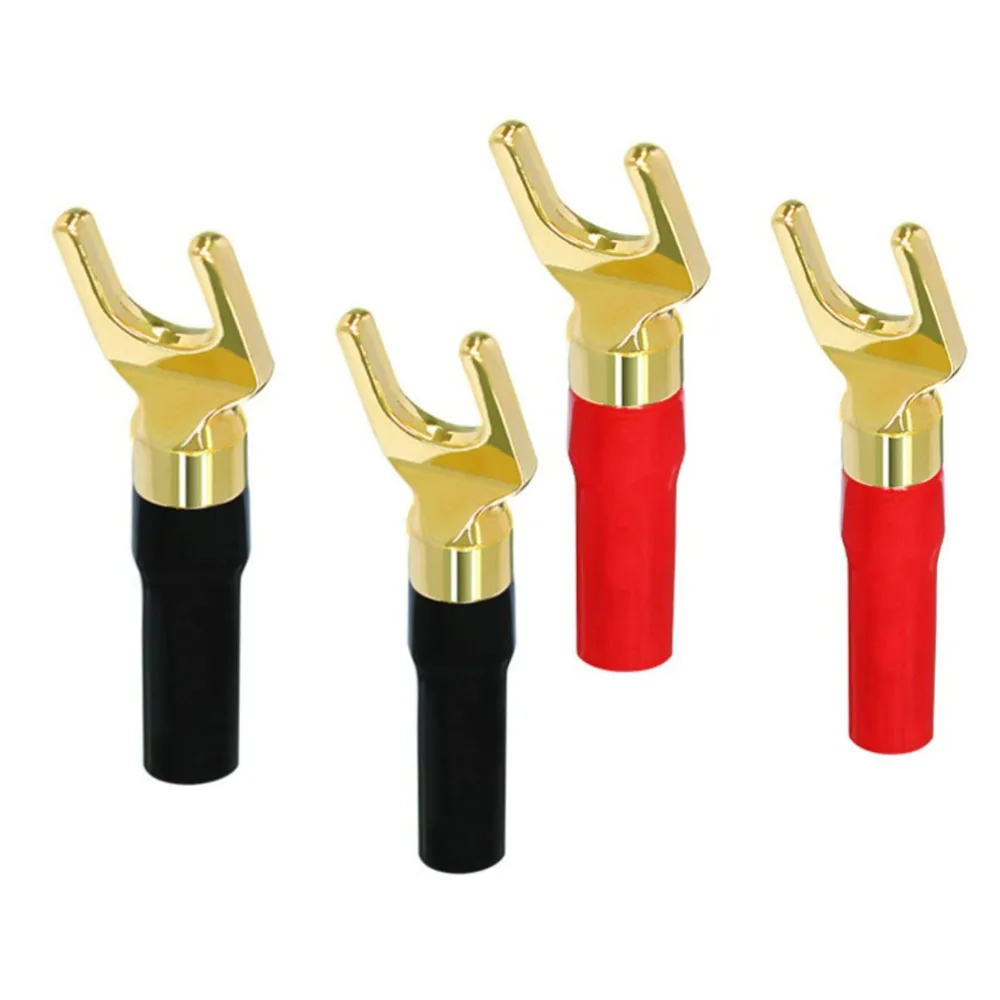 4PCS Copper Plated U-shaped Speaker Wire Banana Plug Audio Banana Plug Audio U-shaped Terminal Plug Soft Rubber Red and Black