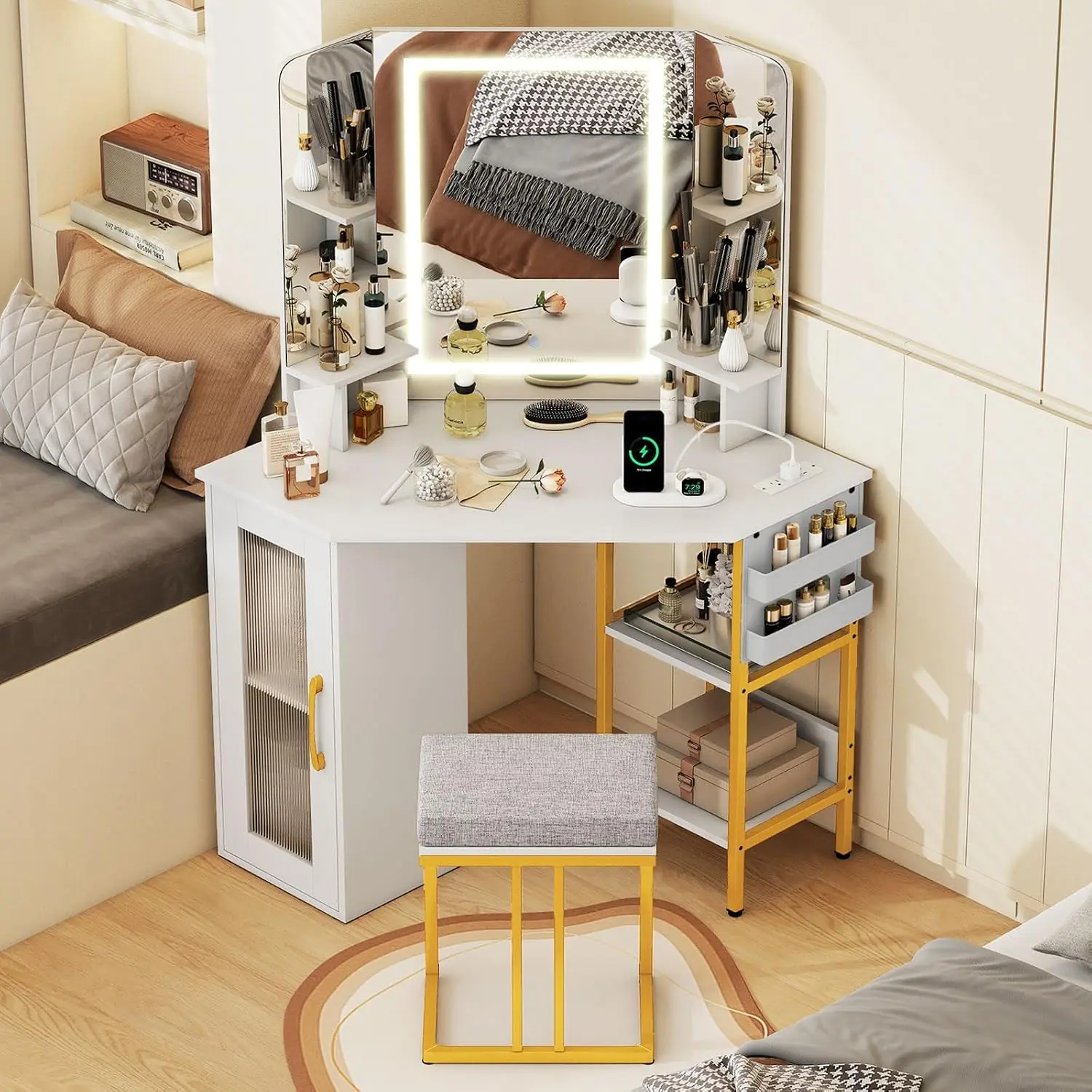 Triple Mirror | 3 Lighting Modes & Adjustable Brightness | Matching Chair Open Shelves & Cabinet 2 Fabric Bags
