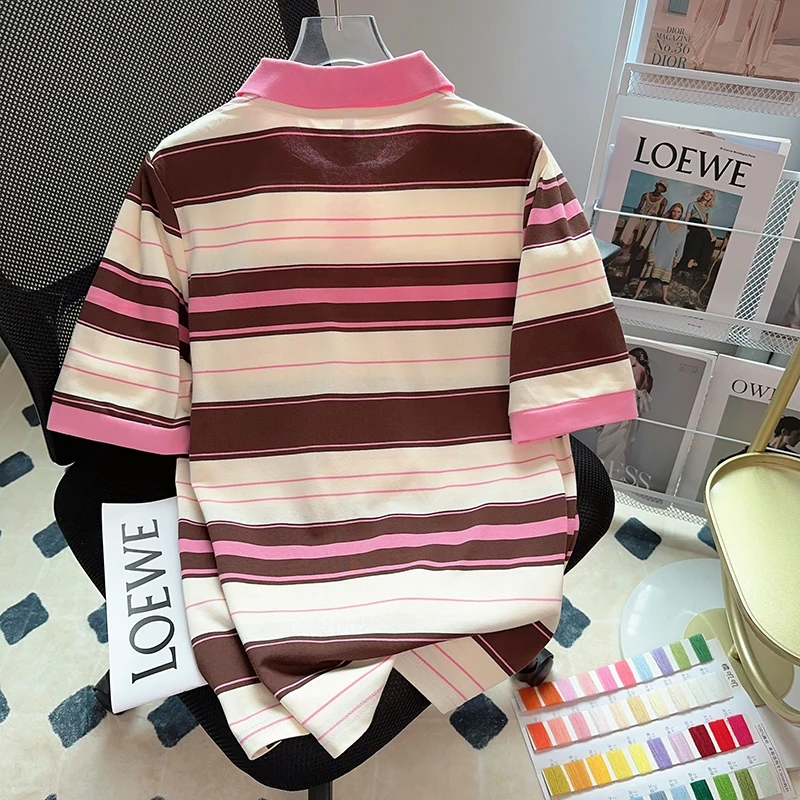 Short Sleeved T-shirt Women's Summer 2023 Trendy Stripe Polo Top Large Women's Shirts