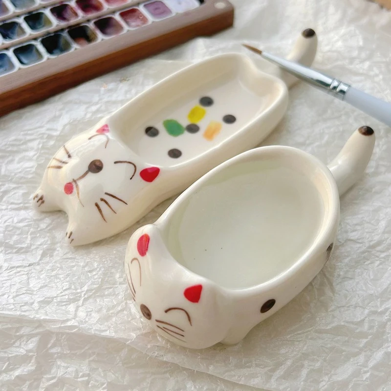 Portable Creative Ceramic Watercolor Palette Cute Cat/Dog Paint Tray Pen Holder Easy To Clean Painting Supplies Nail Art Tool