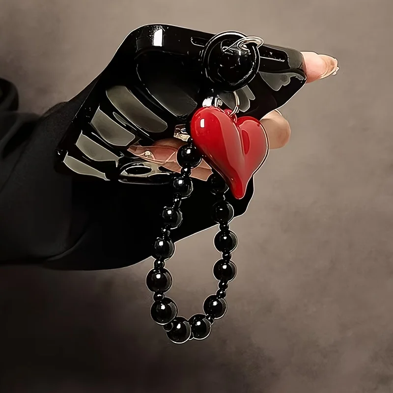 1Pieces Red large heart black beaded phone strap，Handmade，Can be used as a mobile phone、Key and other hanging accessories，Can al view 5