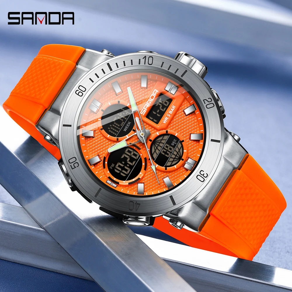 SANDA Sport Men\'s Watch Orange Silicone Strap Luxury Waterproof Chronograph Quartz Wristwatches Digital Date and Week Clock